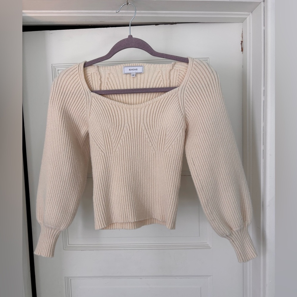 Rihoas Cream Ribbed Knit Puff Sleeve Sweater | Square Neck | Size S